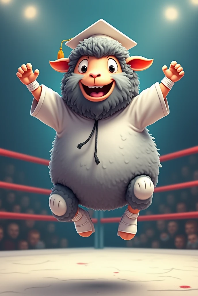 Grey Cartoon lamb dressed like WWE wrestler Leaping Lanny Poffo
Cartoon lamb body. Cartoon lamb head. Cartoon lamb face. Cartoon lamb chest. Cartoon lamb arms. Cartoon lamb hands
Long black mullet hair. White wrist tape. Thin black mustache. Short scraggly beard.
White graduation cap and gown. White kneepads. White wrestling boots.
Standing a wrestling ring..
