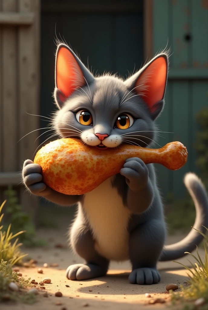 Create an image of a cat with a chicken leg in its mouth 