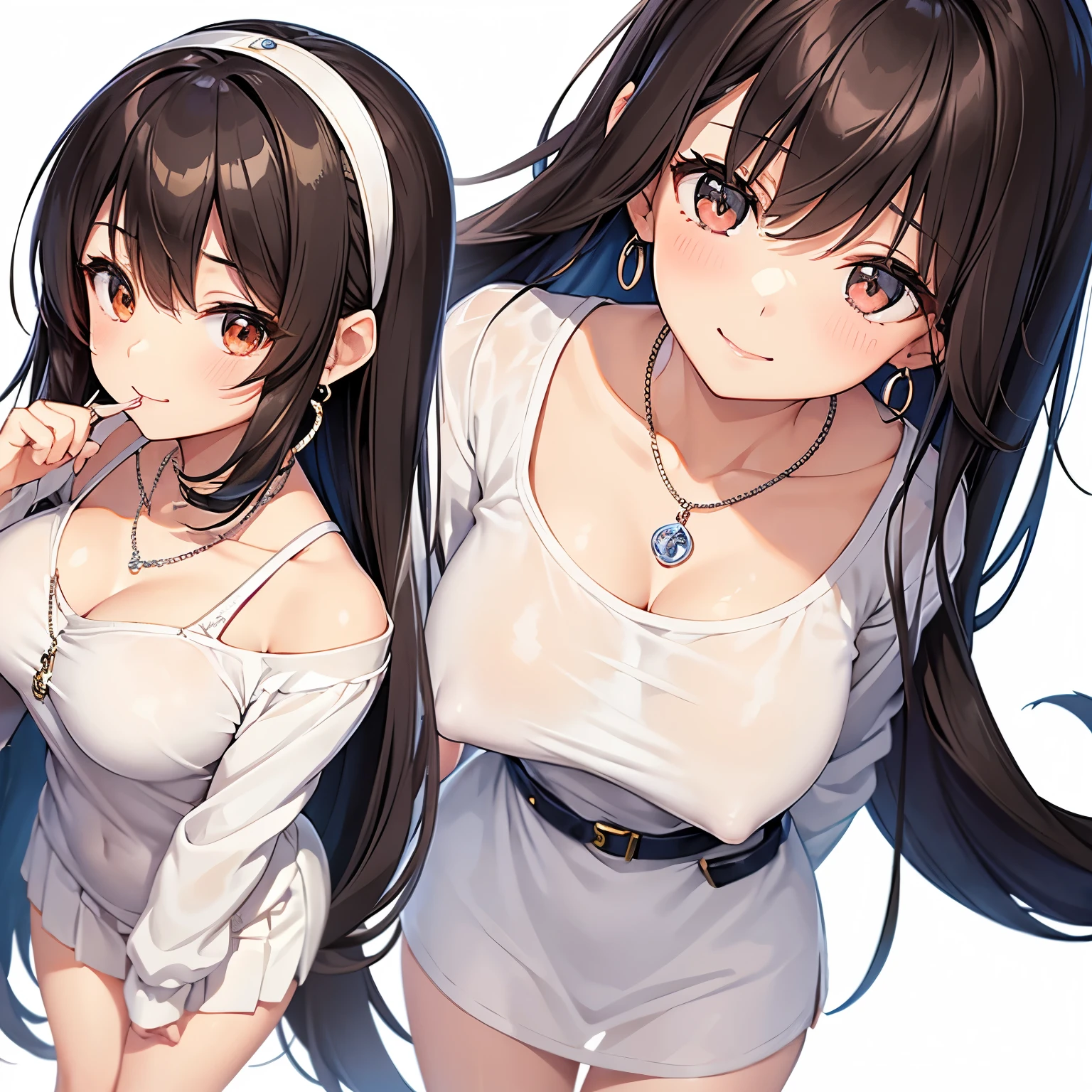 Rent-A-Girlfriend Mizuhara Chizuru Long straight hair with the ends slightly curled inwards and some of the sides braided Bangs are long enough to cover the eyes, hair color is dark brown, eyes are large and round, and the color is light brown. Gentle eyes Sparkling Sparkle A bright and friendly smile, but a little embarrassed Casual and neat fashion White or light-colored tops knee-length skirt A clean, university student-like style; small, simple earrings and a thin chain necklace; a shapely figure with a large bust; a slightly shy, gazing pose; a natural, muted color palette Penis wrapped in boobs, blowjob, cum in mouth