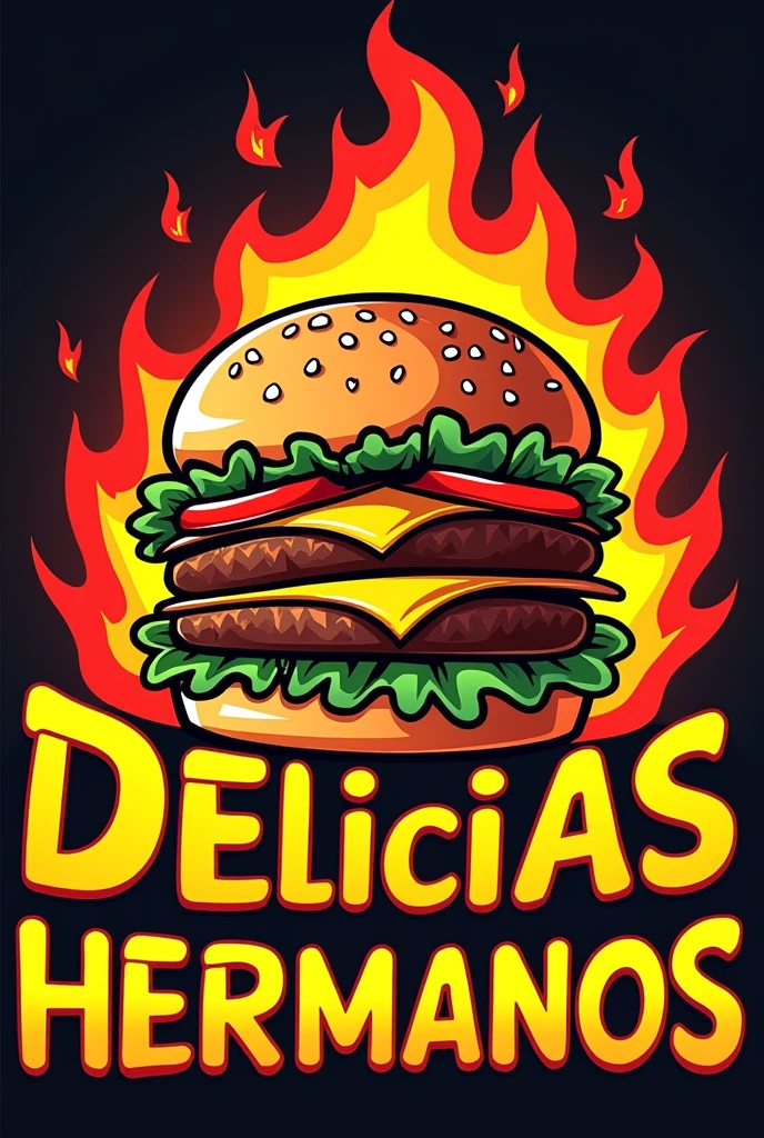Make me a logo for a food stand with a drawing of a big, juicy hamburger with fire coming out of it in the background and the name Delicias 3 Hermanos (in Spanish)