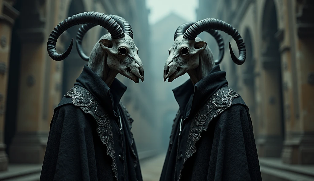 Top quality, masterpiece, two creatures with goat skull faces, silver tattoos on their faces and skin, wearing ornate and intricate black clothes, Western ancient black kingdom interior background, expressionless, full body shot, detailed image texture, creepy, scary, creepy atmosphere (not AI image), cloudy weather, low color image, creepy, delicate skin expression, rough texture image, image viewed from a distance.