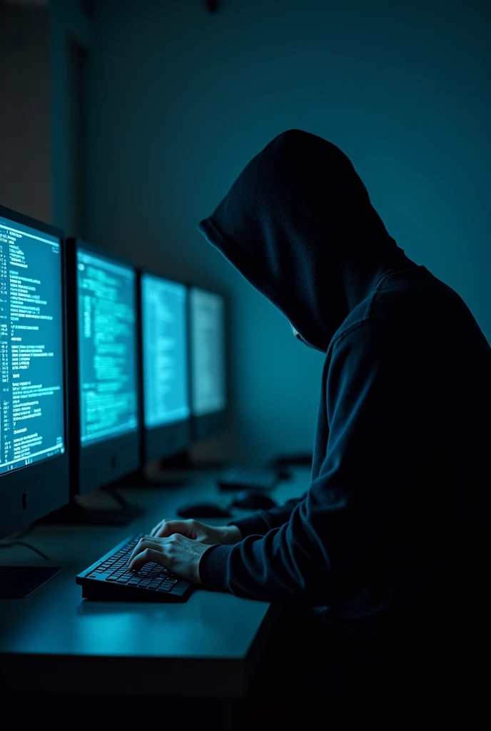 Man wearing a hood and black sweater with his face covered typing on some computers