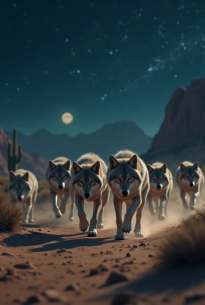 Realistic images of wolves stalking in a desert at night
