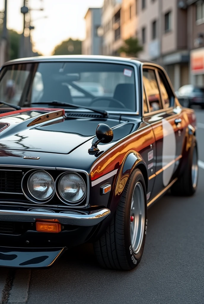A 1972 Nissan KGC10 SKYLINE 2000GTR Hakosuka painted with a vintage racing body vinyl, has 16 inch watanabe rims. Incrediebly clean and beatifull.