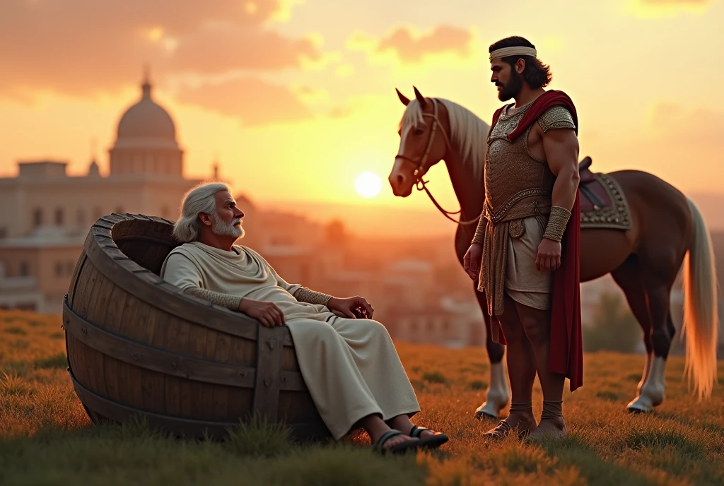 2 man , each other speak,   Front view , Full-body,  Great of king, Alexander , Empire of Greek, standing pose,  stand  on field ,  White horse, gorgeous harness,  30 years-old, handsome,( wave perm , brown hair , serious,),(diadem ,White head band Crown with jewel),  normal body,  ((An ancient Greek emperor wearing traditional imperial wear, body of leather armor and emboss of  Apron face , shoulder and arm protector  , White crock)), Gorgeous sandal,   1 man,  philosopher, Greek man, lying  big wooden barrel , lying barrel , in an ancient Greek city, 70 years-old, handsome,( wave perm , white hair , Serious, ), normal body, ((rag cloths, White crock) , in city  sunset　,(Textured skin , HI Detail Skin, (Shorthand, Canon, 8k, Anatomically correct, Super Detail, Attention to detail, Your Highness)