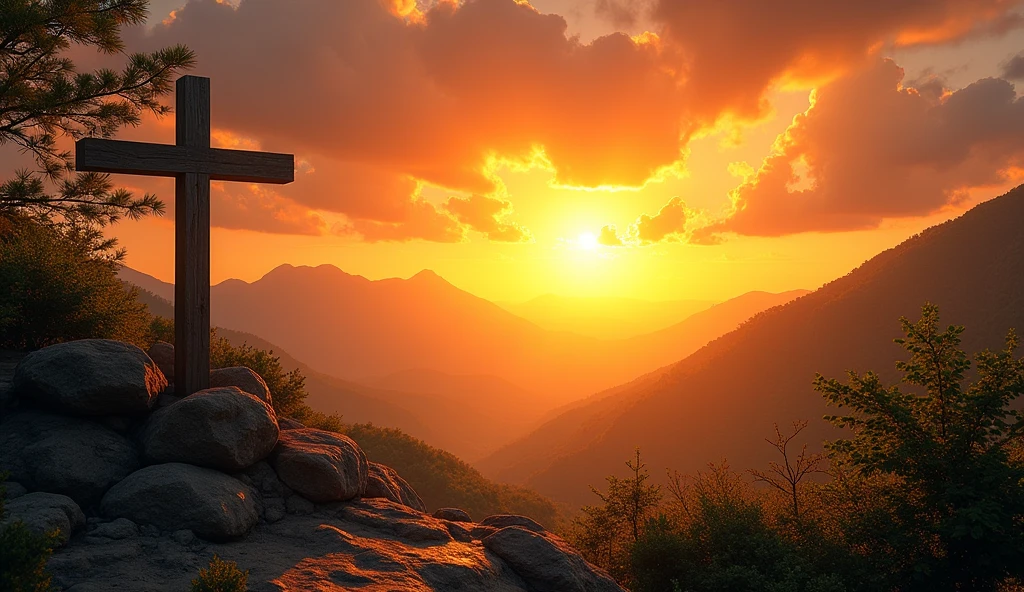 Generate images of South American and European nature, add dark tones to the images, and a beautiful strong orange sun, focus on the sun in the images with an air of hope and faith... Size 16:9 thumbnail style, when you can fit it add a cross wood in the background in the images. research before you start, and reflect. add a cross if possible, in the sun, in nature mutch green.