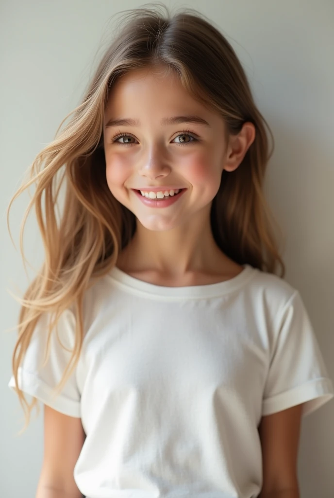 highest resolution, high detailed, photorealistic, T-shirt mockup, a young girl, happy face expression, gorgeous, Caucasian
