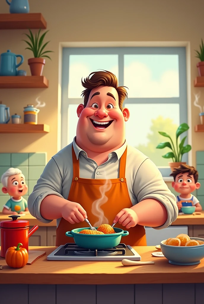 A family man cooks in cartoon form