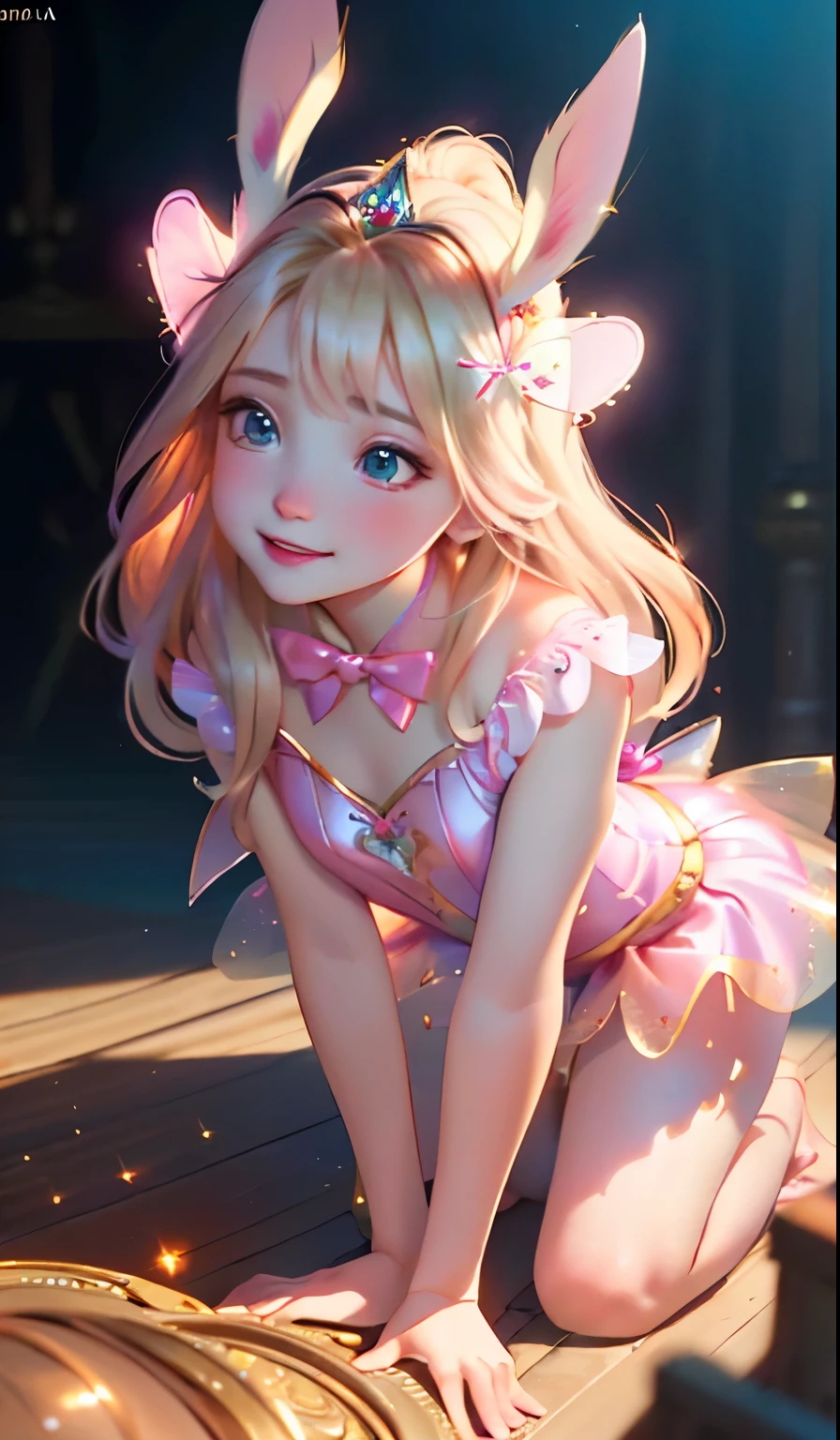 masterpiece, best quality, extremely detailed CG unity 8k wallpaper, (Upper Body head close-up shot of a beautiful little girl), , Elegant Long straight blonde hair, (Mckenna Grace), (flat chest,thighs), (pink-Cyan) golden (Glittering tutu,long Bunny Ear Headgear, , Bow-tie, ), (Kneel,all fours,from below), (Blush), oil skin, (seductive smile), (Wonderland), pretty face, key art, award winning, intricate detail realism hdr, by (ruan jia and artgerm and range murata), Photorealism, Hyperrealism, ultra realistic, dramatic light, intense shadows, gorgeous view, depth of field
 
