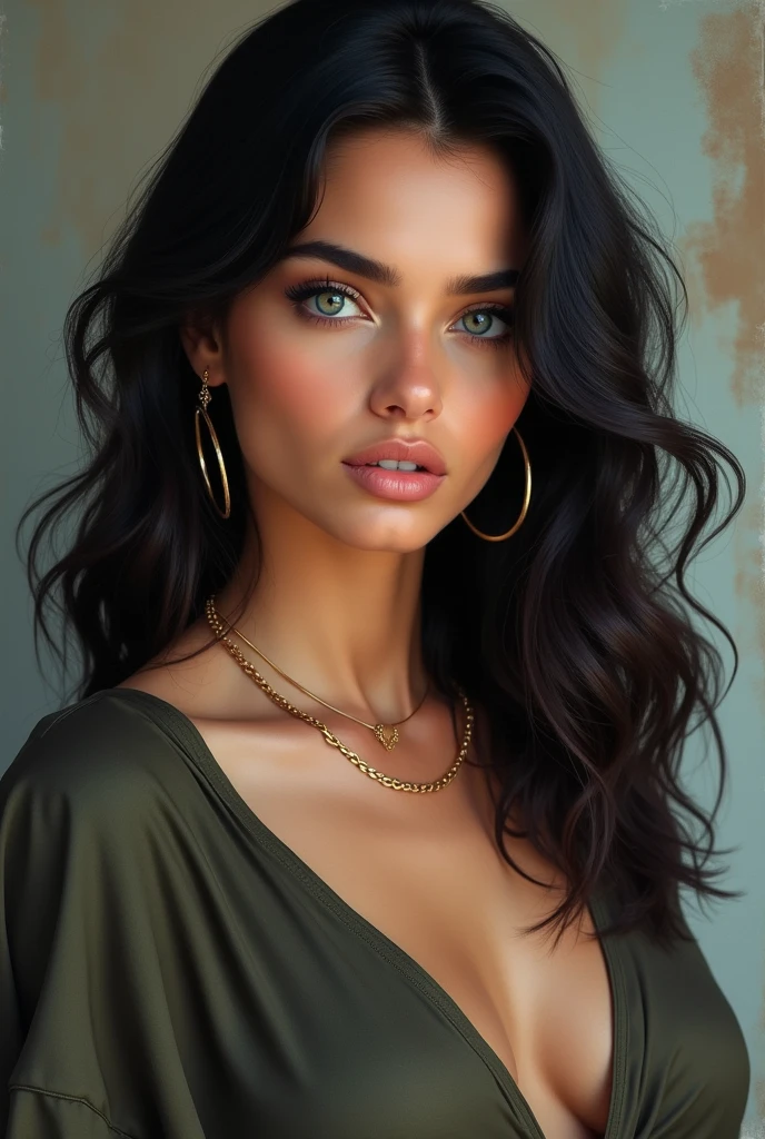 a woman of , skin fair, black wavy hair, blue green eyes, with loose, masculine clothing showing off his natural charm and outgoing personality. PICTURE REALISTIC