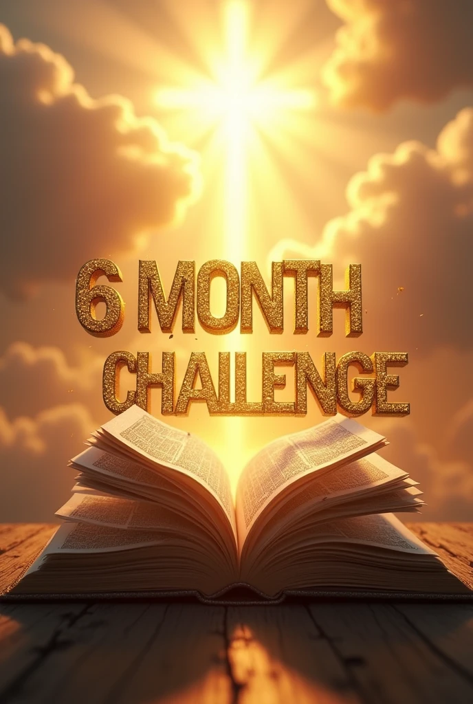 /imagine prompt: A 3D cover for a religious YouTube video titled "6 MONTH CHALLENGE" with the title in gold letters floating in front of a torn Bible. The Bible is open and torn in the center, with torn pages extending outwards, Creating a dynamic effect. The background is a heavenly landscape with golden clouds and rays of divine light emerging from behind the Bible... Perspective is in the foreground, focusing on the details of the torn Bible and the gold letters of the title. --ar 16:9 --style 100 --v 6.0