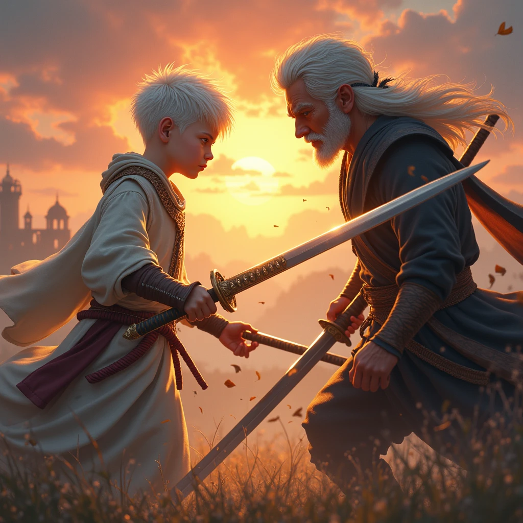 but he is a albino boy of 1.65 vs a 20-something year old man in an epic battle, the young man with a golden katana and the man with a black sword, and in the background the Kingdom of the young and a sunrise