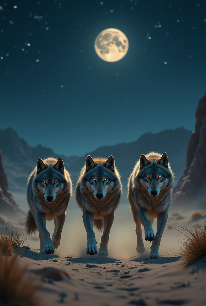 Realistic images of wolves stalking in a desert at night