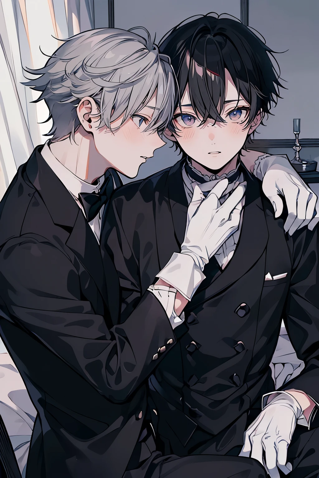(Mastepiece)、(Best Quality)、Very detailed、((Two intimate butlers:1.5))、Perfect Face、Beautiful Face、Very detailedな顔、(Black-haired man:1.3)、(Grey-haired man:1.3)、Black butler uniform、Glasses、(White gloves:1.3)、Smiling face
