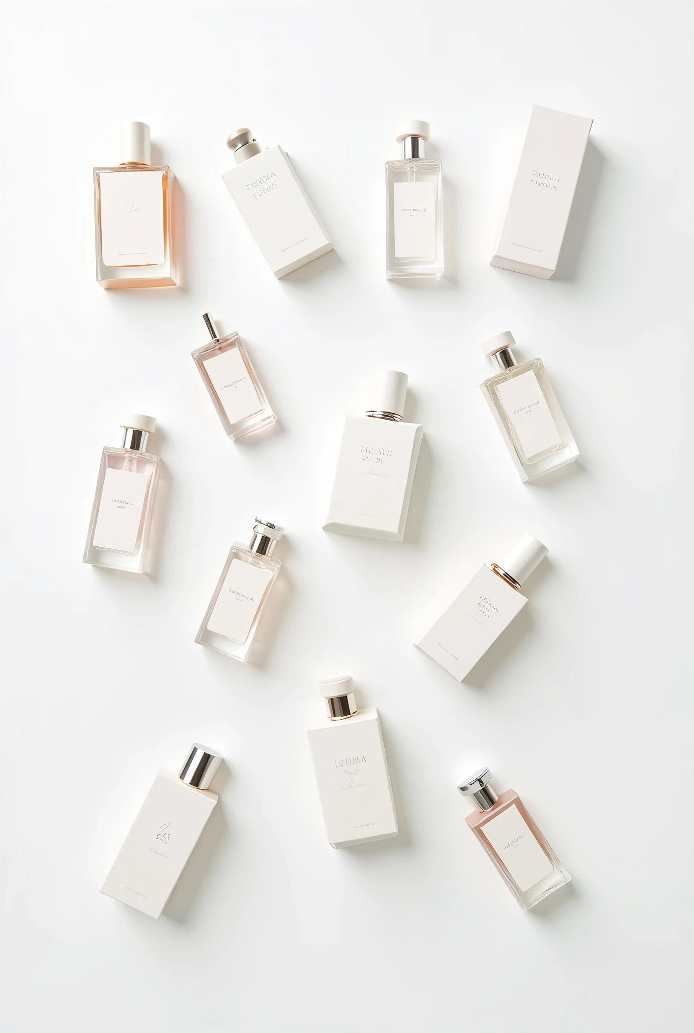 I want 12 seductive packages, minimalists, but eye-catching perfumes interspersed on a white background 