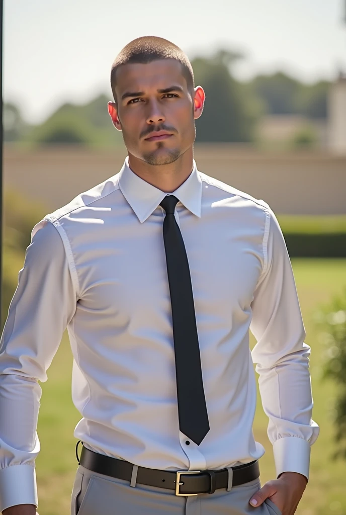 "A candid, highly realistic image of a 3 light-skinned Brazilian man with closely cropped short brown hair and brown eyes. He is dressed in a light gray uniform, consisting of fitted dress pants, that accentuate his bulge and figure and black socks, black dress shoes, and a white short-sleeved button-down shirt tucked into his pants. The man has a clean-shaven face, no mustache or beard, and displays firm arms. He stands at the entrance of a condominium with a serious expression and a hint of sensuality in his gaze. The scene captures him in a full-body shot with natural textures and realistic lighting. The image is editorial in style. Image ratio: vertical."