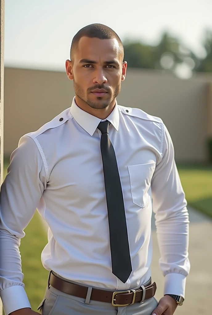 "A candid, highly realistic image of a 3 light-skinned Brazilian man with closely cropped short brown hair and brown eyes. He is dressed in a light gray uniform, consisting of fitted dress pants, that accentuate his bulge and figure and black socks, black dress shoes, and a white short-sleeved button-down shirt tucked into his pants. The man has a clean-shaven face, no mustache or beard, and displays firm arms. He stands at the entrance of a condominium with a serious expression and a hint of sensuality in his gaze. The scene captures him in a full-body shot with natural textures and realistic lighting. The image is editorial in style. Image ratio: vertical."