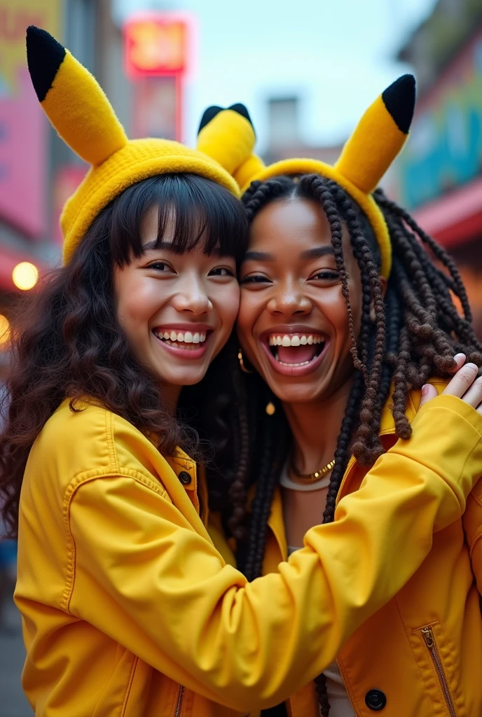 couple: posing wacky on camera: one male kpop idol with pikachu headband hugging a black american sexy woman big mouth with dreadlocks