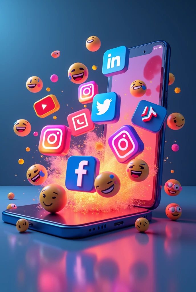 Social media logos popping out of a screen with emojis 