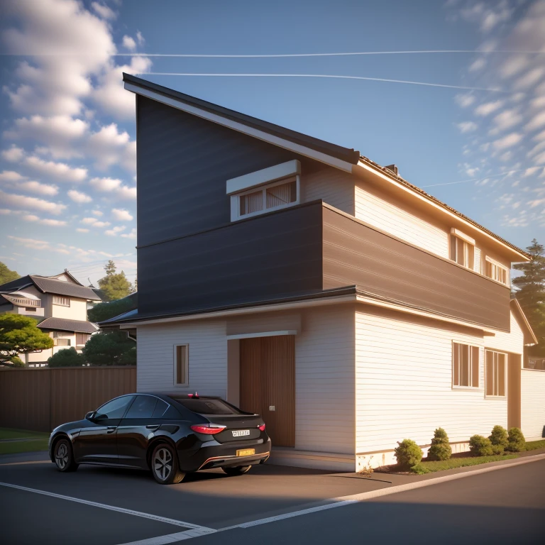 arafed house with a car parked in front of it, one house, rendering, 3 d rendering, 3d rendering, concept house, exterior design, high quality rendering, highly rendered!!, 3/4 view realistic, wide angle exterior 2022, detailed rendering, passive house, 3d-render, architectural rendering, complete house, japanese house