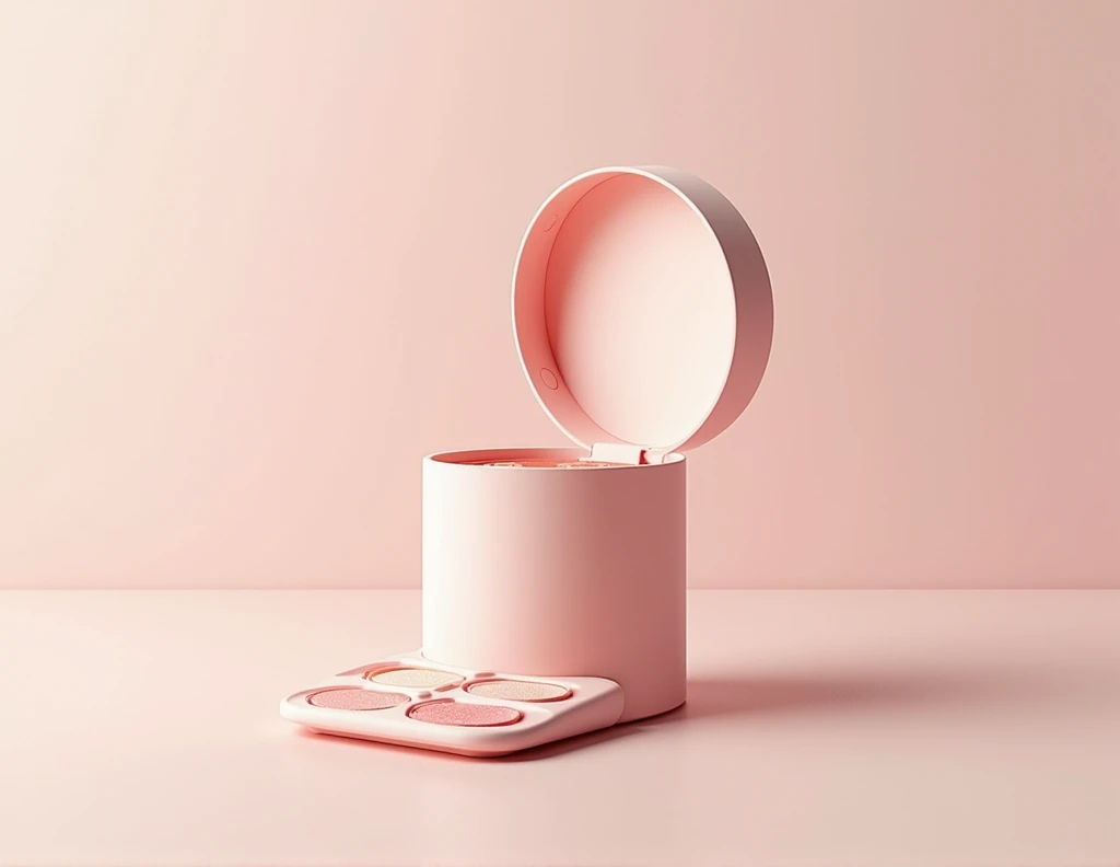 An innovative round-shaped makeup applicator, Inspired by "Boobeen 4 in 1 Makeup Kit". The applicator has several compartments arranged in a tower. , each with different makeup papers: blush, highlighter, and lipstick. Each paper is thin and small in size., Ideal for tearing off a piece and applying it directly to the face. The image should show the applicator with the lid open., revealing the papers