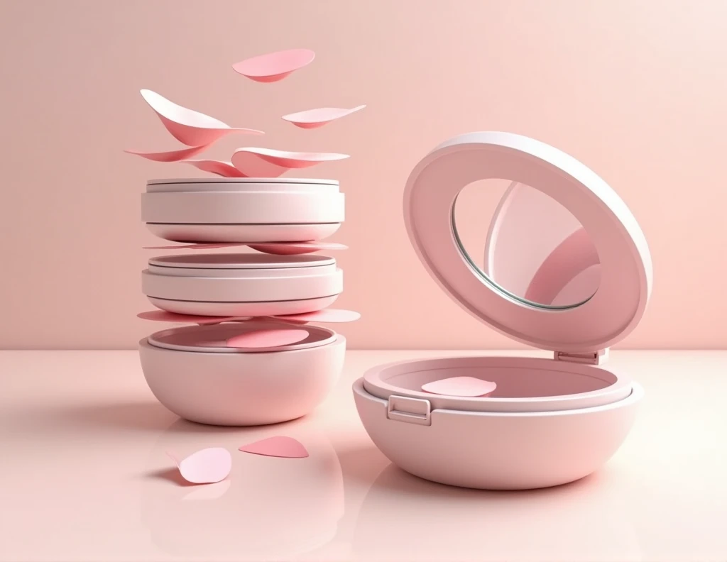 An innovative round-shaped makeup applicator, Inspired by "Boobeen 4 in 1 Makeup Kit". The applicator has several compartments arranged in a tower. , each with different makeup papers: blush, highlighter, and lipstick. Each paper is thin and small in size., Ideal for tearing off a piece and applying it directly to the face. The image should show the applicator with the lid open., revealing the papers