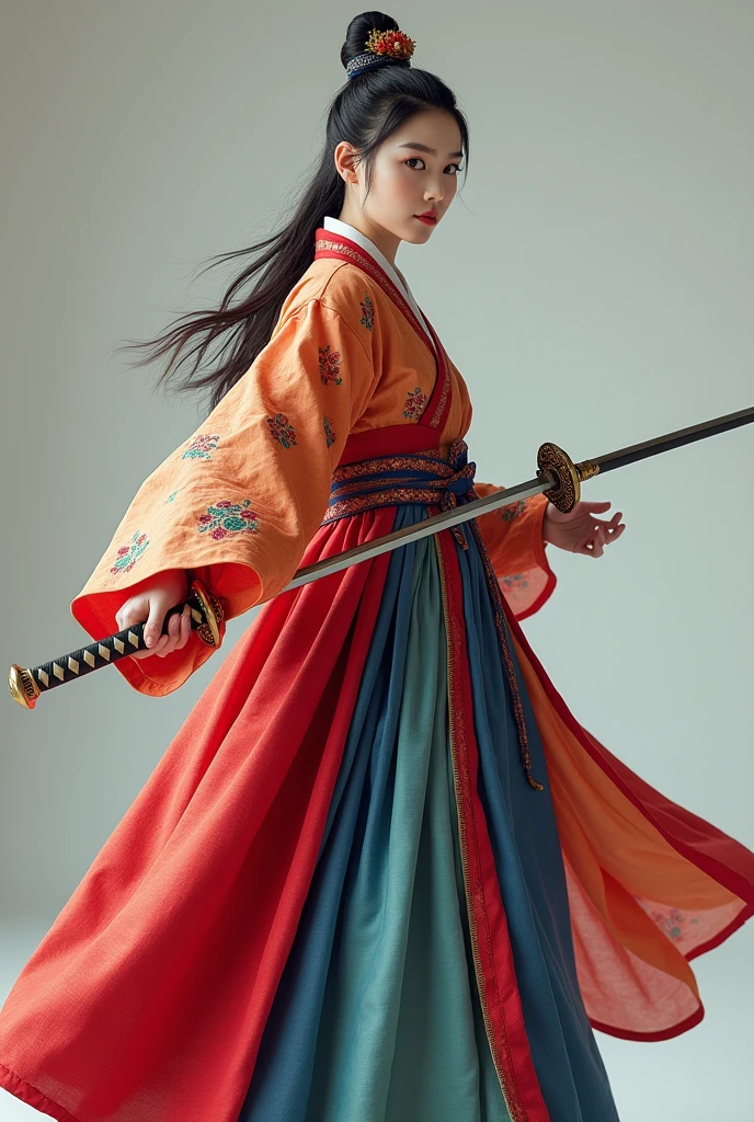 a traditional korean warrior in hanbok outfit, holding a sword in one hand, with a traditional topknot hairstyle, in a playful and energetic pose, facing front and back, (best quality,4k,8k,highres,masterpiece:1.2),ultra-detailed,realistic,photorealistic,photo-realistic:1.37,HDR,UHD,studio lighting,ultra-fine painting,sharp focus,physically-based rendering,extreme detail description,professional,vivid colors,bokeh,portraits,concept art
