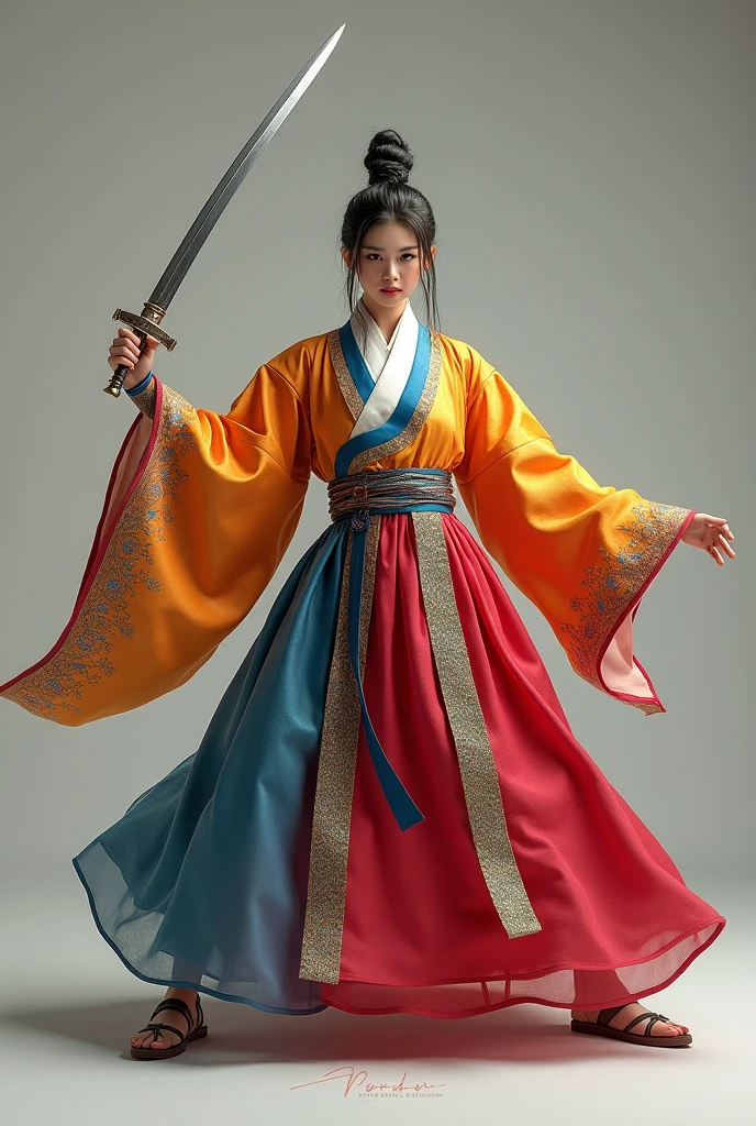a traditional korean warrior in hanbok outfit, holding a sword in one hand, with a traditional topknot hairstyle, in a playful and energetic pose, facing front and back, (best quality,4k,8k,highres,masterpiece:1.2),ultra-detailed,realistic,photorealistic,photo-realistic:1.37,HDR,UHD,studio lighting,ultra-fine painting,sharp focus,physically-based rendering,extreme detail description,professional,vivid colors,bokeh,portraits,concept art