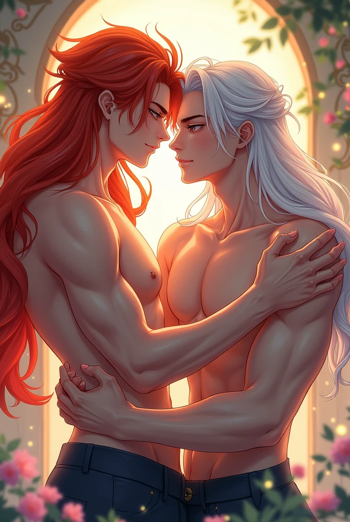 2 Gay Boys, Tall and Handsome with Short Straight Blood Red Hair with White Tips, and Crimson Eyes, Next to him is an elf boy with short white hair and red eyes.. A Sex Scene between the two of them. They are in a garden with beds of white roses and a fountain, Rose Petals Fly Across the Stage at the moment, they are very involved with each other and in love.