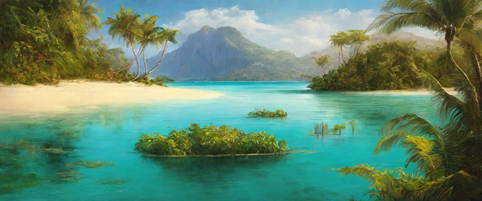 create a stunning painting of a beautiful lagoon. Wonderful turquoise water. Lots of palm trees and a breathtaking jungle around the water. The lagoon opens onto a sandy beach and an open sea.