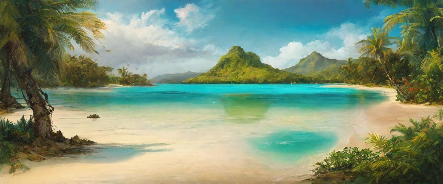 create a stunning painting of a beautiful lagoon. Wonderful turquoise water. Lots of palm trees and a breathtaking jungle around the water. The lagoon opens onto a sandy beach and an open sea.