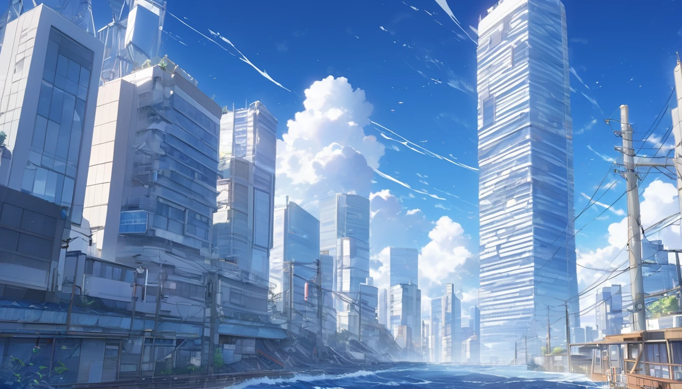 High definition、high resolution、Masterpiece、Tokyo buildings hit by tsunami、City壊滅、blue sky、City、City、Buildings、Makoto Shinkai style、