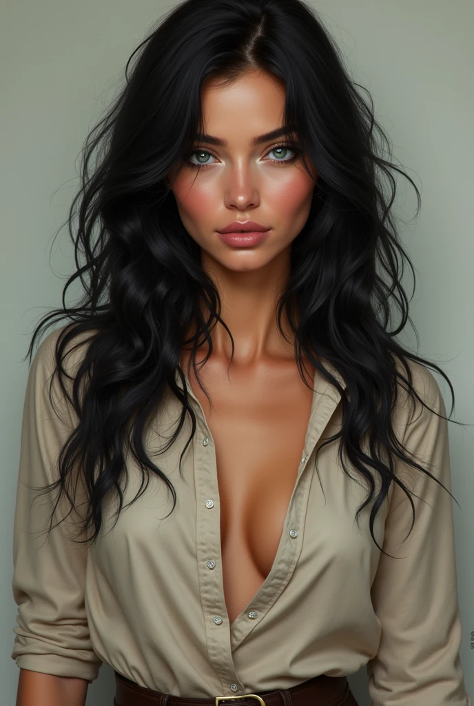 a woman of , skin fair, black wavy hair, blue green eyes, with loose, masculine clothing showing off his natural charm and outgoing personality. PICTURE REALISTIC