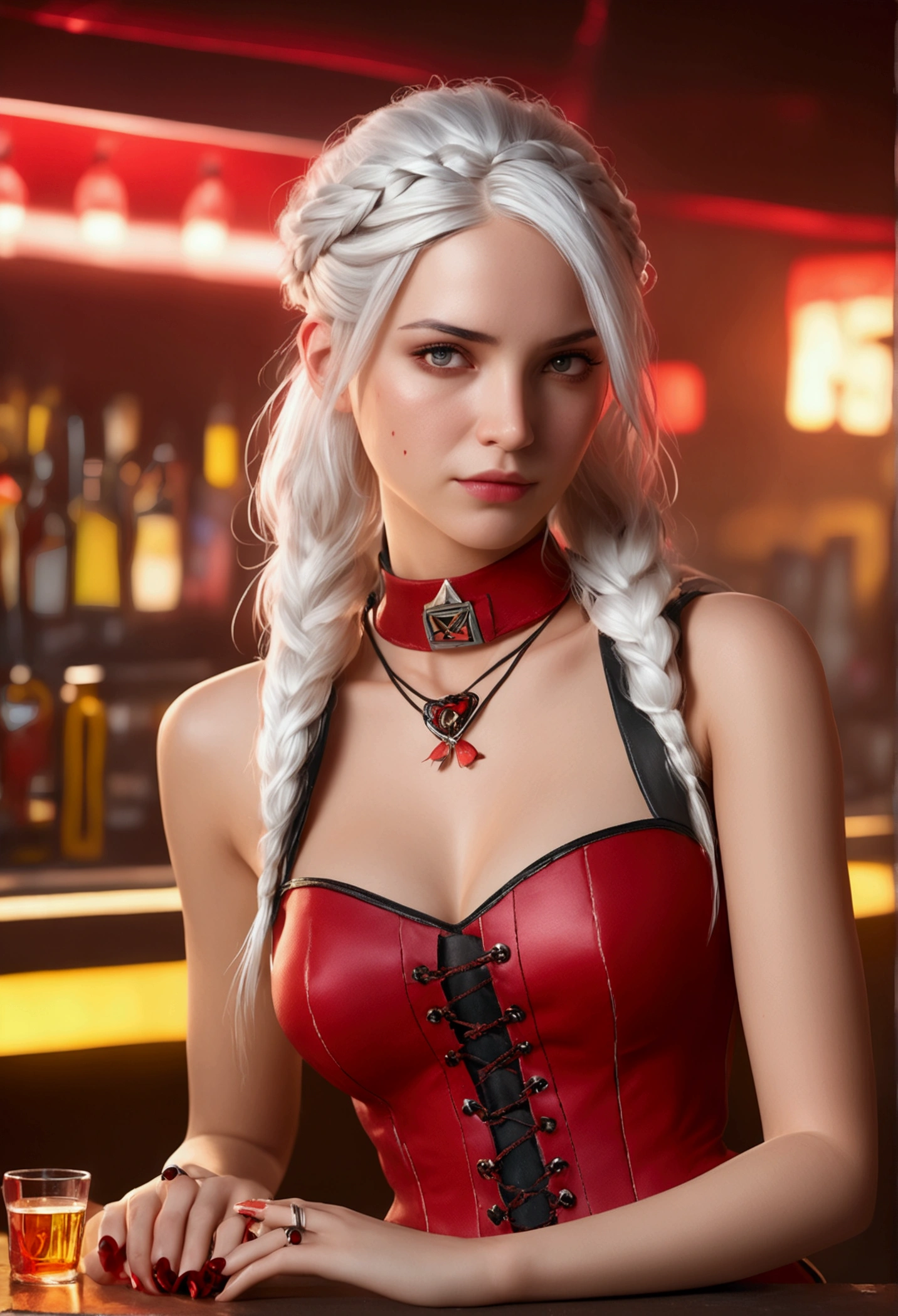 ((Masterpiece, Best Quality, Highest Image Quality, High Resolution, Photorealism, RAW Photos, 8k)), A female game character, 3d Graphics, long white hair, single braid, off-shoulders, red corset dress, grunge fashion, gothic choker, in the liquor bar, cyberpunk 2077 background, unreal engine