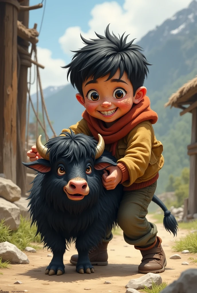 Yak harder boy
Holding small black yak
Laughing
Missing one tooth
Unwashed face
