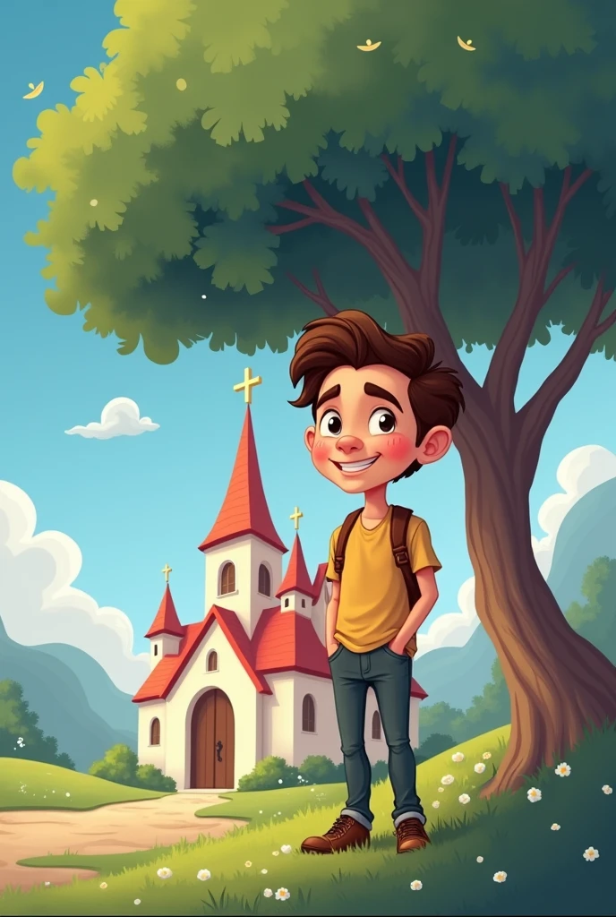 Draw man used in the tip image next to church, disney style image, background with blue sky