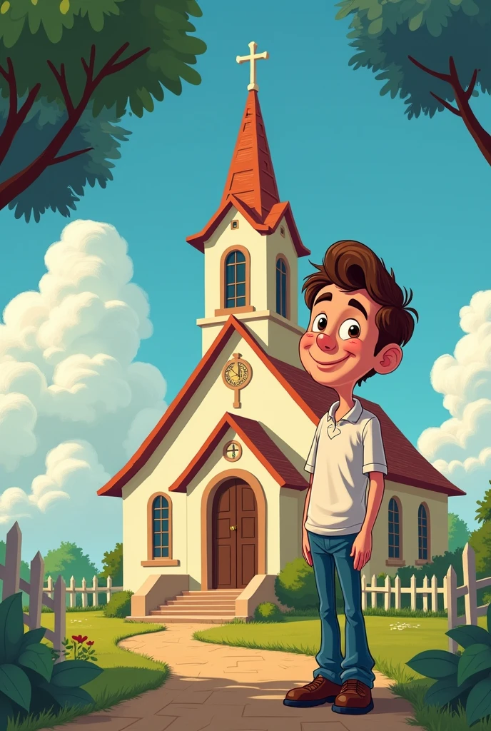 Draw man used in the tip image next to church, disney style image, background with blue sky