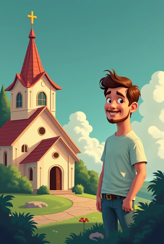 Draw man used in the tip image next to church, disney style image, background with blue sky