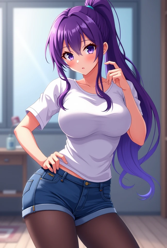 FernFrieren, very long hair, purple hair, purple eyes, (purple pupils), oversized t-shirt, bottomless, pussy, long sleeves, small breasts, purple lips, black choker, silver hoop earrings, metallic, blush, eyeliner, nose blush, freckles, looking at viewer, indoors, bedroom, window, garden, (detailed, highres:1.2), egirlmakeup, holding panties, presenting panties