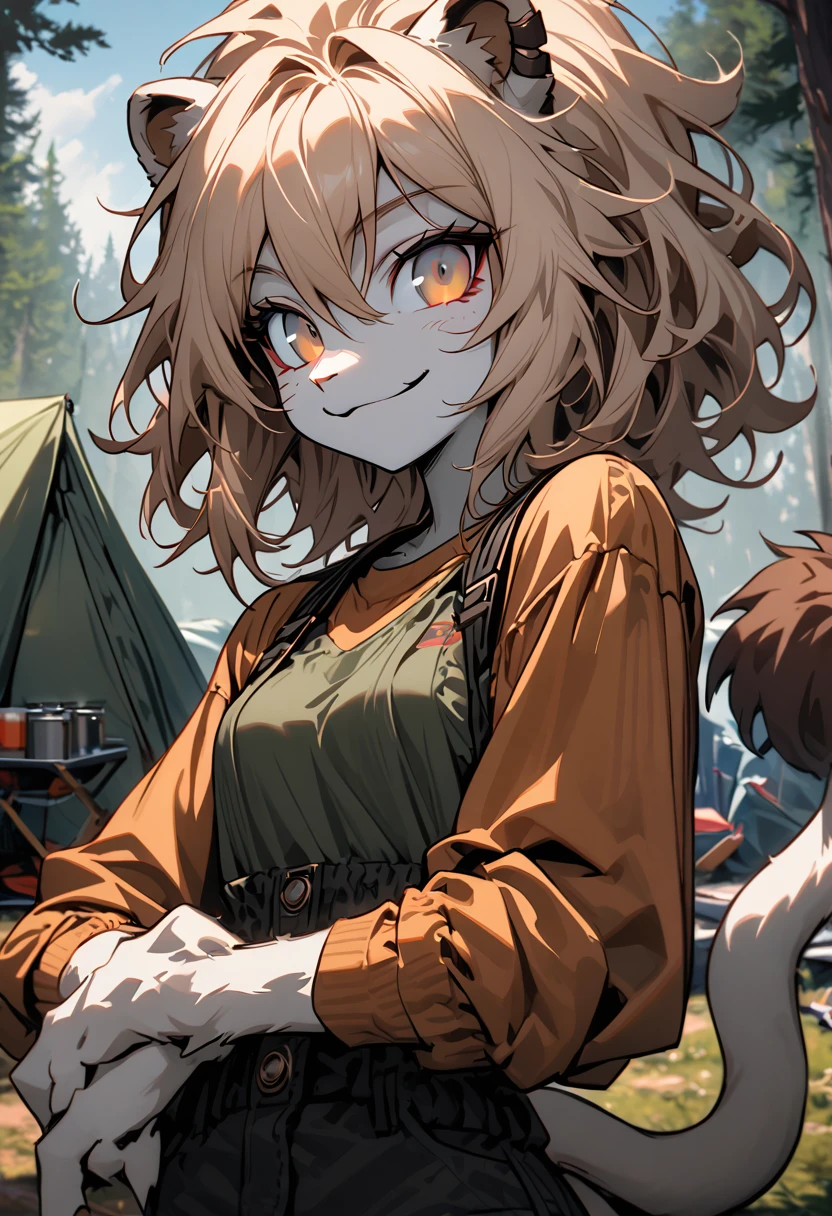 solo female human with lion ears and tail, short wild sandy hair, hazel eyes, fit, broad shoulders, narrow waist, curvaceous, tomboy, smile, furry claws, casual clothes, underbrush, outdoors, camping, close up, muscular:0.3, furry forearms,