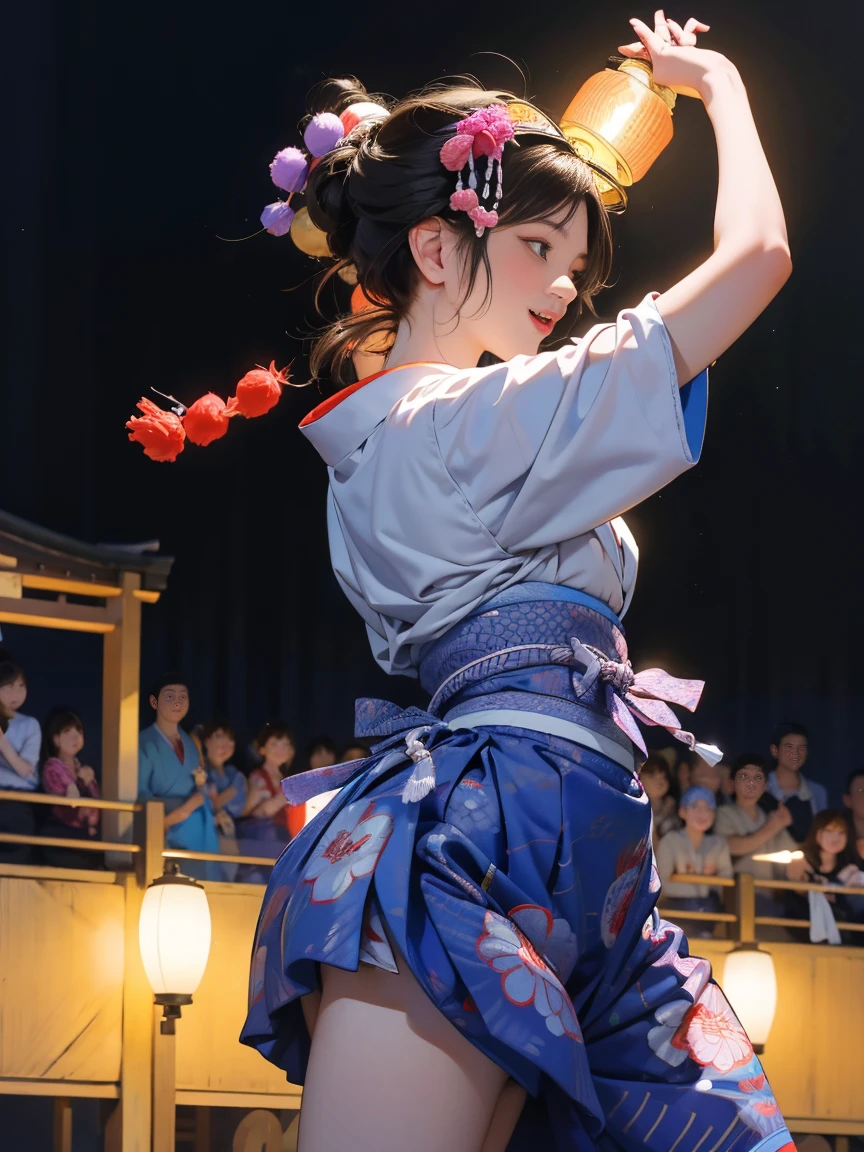 (Japan Bon Odori,最高masterpiece,Highest quality), Hot August,In the park square,(They dance in a circle around a stage decorated with lanterns.),Bright vibrant anime art,People of all ages and genders dance and dance, Dancing in yukata,Laughing and dancing, Showing white teeth,Men and women dance in a circle, masterpiece,Highest quality,High resolution,