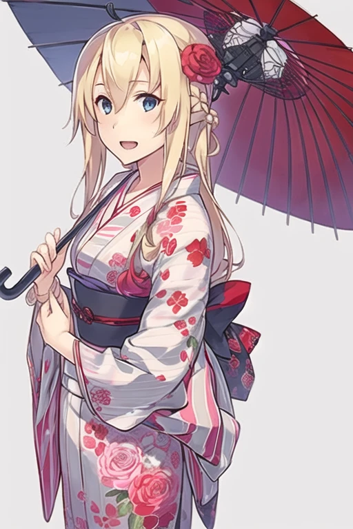 1girl, alternate costume, alternate hairstyle, beach umbrella, black umbrella, blonde hair, blue eyes, blue kimono, blue umbrella, braid, eyebrows visible through hair, floral print, flower, french braid, hair flower, hair ornament, holding, holding umbrella, japanese clothes, kimono, long hair, looking at viewer, looking back, obi, oil-paper umbrella, open mouth, parasol, pink umbrella, purple umbrella, rain, red flower, red umbrella, rose, sash, shared umbrella, smile, solo, striped, striped kimono, tied hair, transparent umbrella, umbrella, upper body, warspite \(kancolle\), white umbrella, yukata