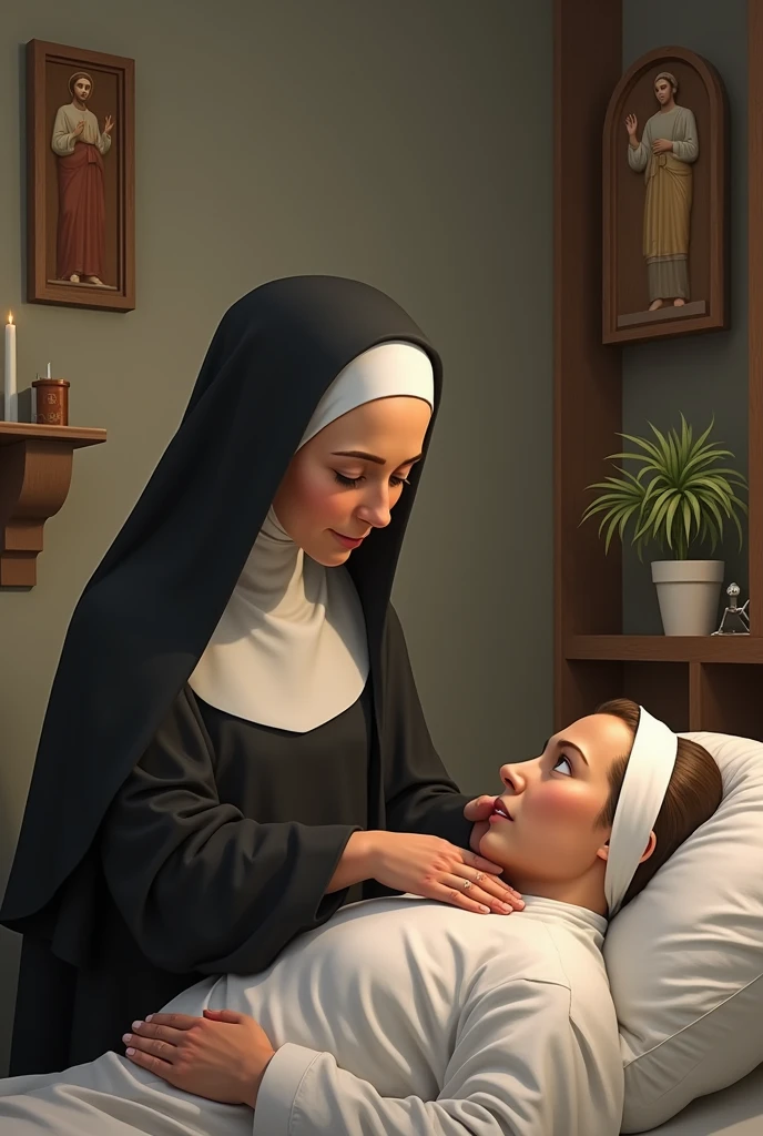 Saint Rose of Lima, Woman nun, healing a sick person, cheered up, 2d, devotion, Catholicism, religion, religious, gentle, fell, demure.