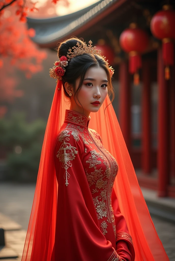 Chinese woman wearing traditional red Chinese wedding dress with a veil