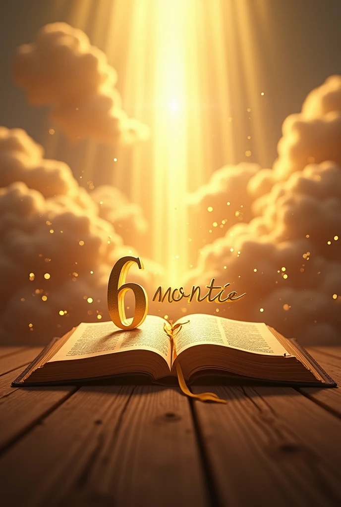 /imagine prompt: A 3D cover for a religious YouTube video titled "6 MONTH CHALLENGE" with the title in gold letters and in Portuguese floating in front of a torn Bible. The Bible is open and torn in the center, with torn pages extending outwards, Creating a dynamic effect. The background is a heavenly landscape with golden clouds and rays of divine light emerging from behind the Bible... Perspective is in the foreground, focusing on the details of the torn Bible and the gold letters of the title. --ar 16:9 --style 100 --v 6.0