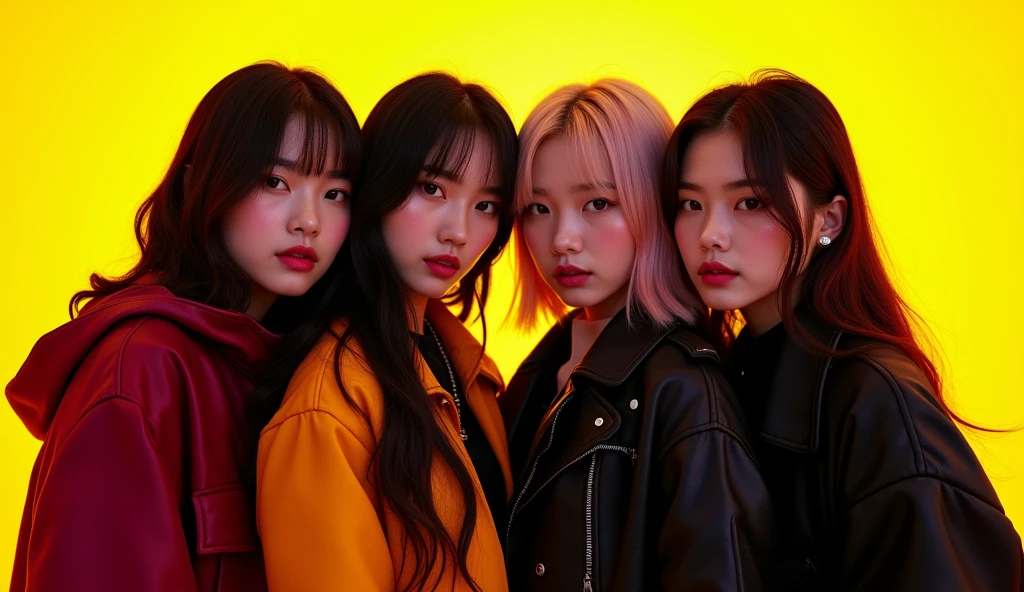 kpop girl group five members electronic hip-hop concept two cuties, two dark and one middle ground pose close optical illusion yellow black and wine one with short hair