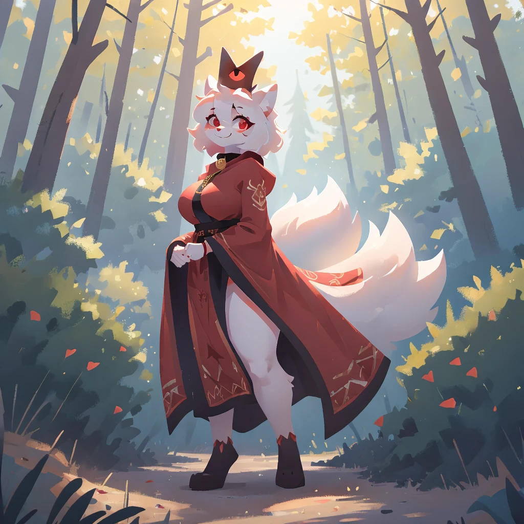 Female white and red kitsune, black crown, big breasts, big thighs, big ass, red patterns on body, 3 white fluffy tails with red tip attached to back of pelvis, Pretty red eyes, white fur tufts, wearing red and black royal robe that covers her chest and thighs and ass, smile,2d,4k,8k,detailed,hi res,absurd res, collar, in forest, happy, facing the camera, standing, bracelet on left arm, tree background, pretty, thicc, mommy, cult leader, Safe For Work, The Red Crown