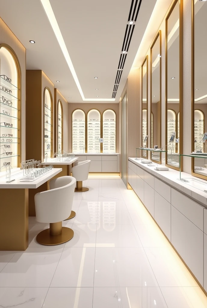 I need an interior design for an optical center with gold and white colors