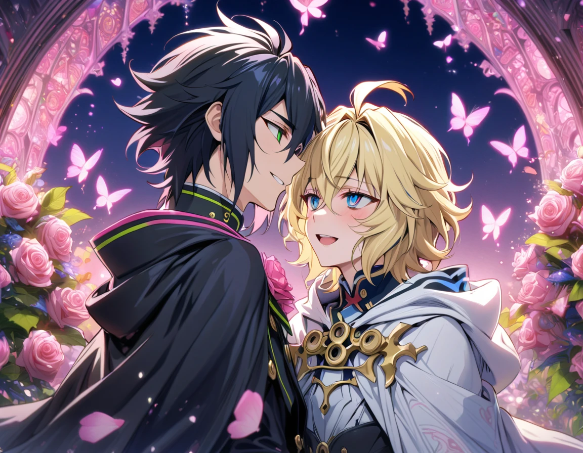absurdres, highres, ultra detailed, HDR, masterpiece, extremely detailed, detailed eyes, detailed face, Hyakuya Mikaela, blonde hair, expressive blue eyes, Owari No Seraph, Hyakuya Yuuichirou, black hair, expressive green eyes, two men together, gay couple, yaoi, smile, in love, happy, handsome, white clothes, black clothes, white cape, black cape, patterns, pink roses, pink petals, fantasy, magical, pink moon, pink glittering butterflies, pink round lights