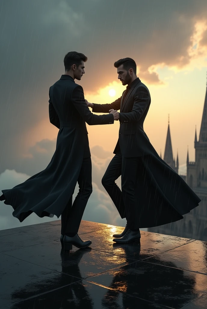 Two handsome skinny men dressed in black, long suits without a shirt, cloudy sky, a sunset, the sun is hiding, dancing beautifully on top of a black castle, water track combined with the sky, falling rain and lightning from afar, 2 men